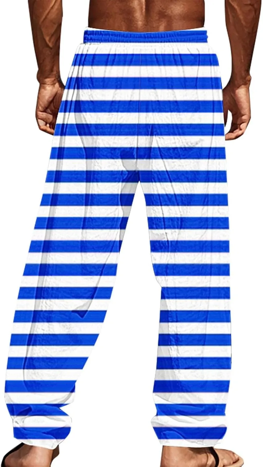Pants for Men Casual Linen Stripe Camo Drawstring Wide Leg Trousers Loose Fit Breathable Hawaii Beach Vacation Pants