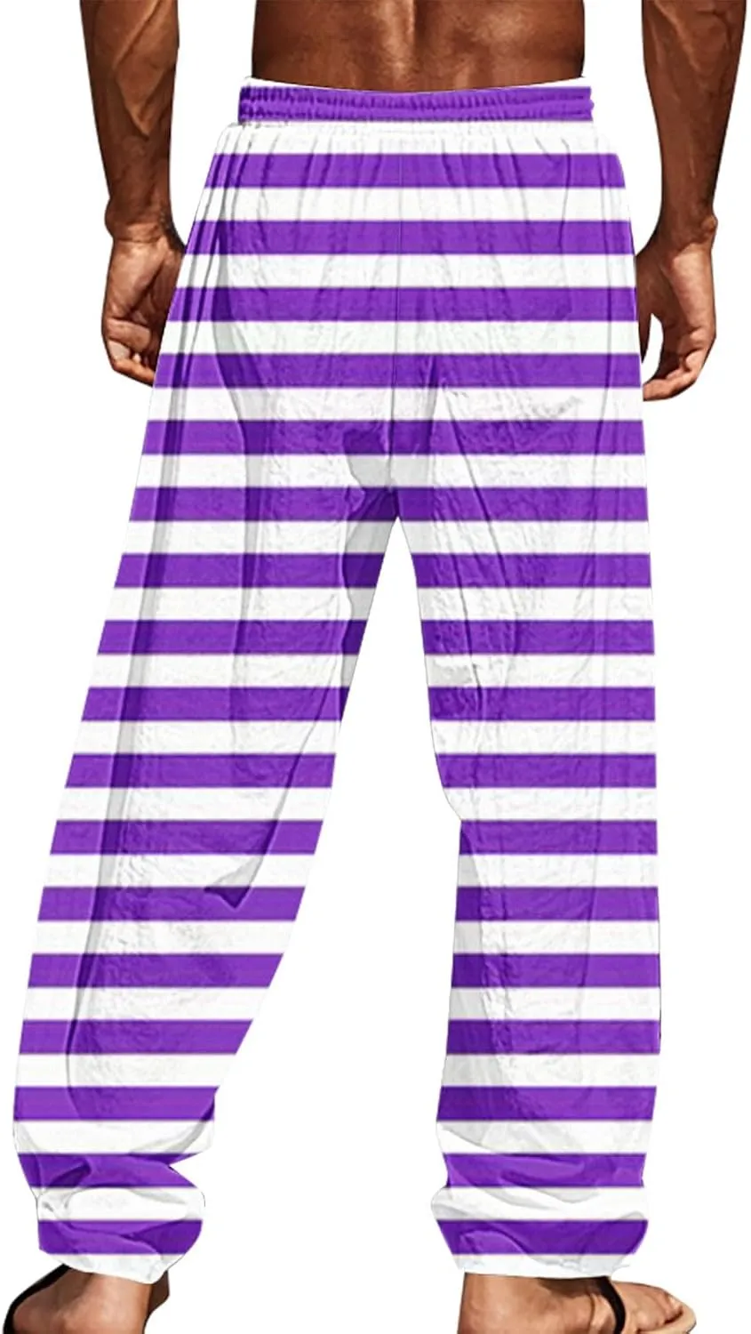 Pants for Men Casual Linen Stripe Camo Drawstring Wide Leg Trousers Loose Fit Breathable Hawaii Beach Vacation Pants