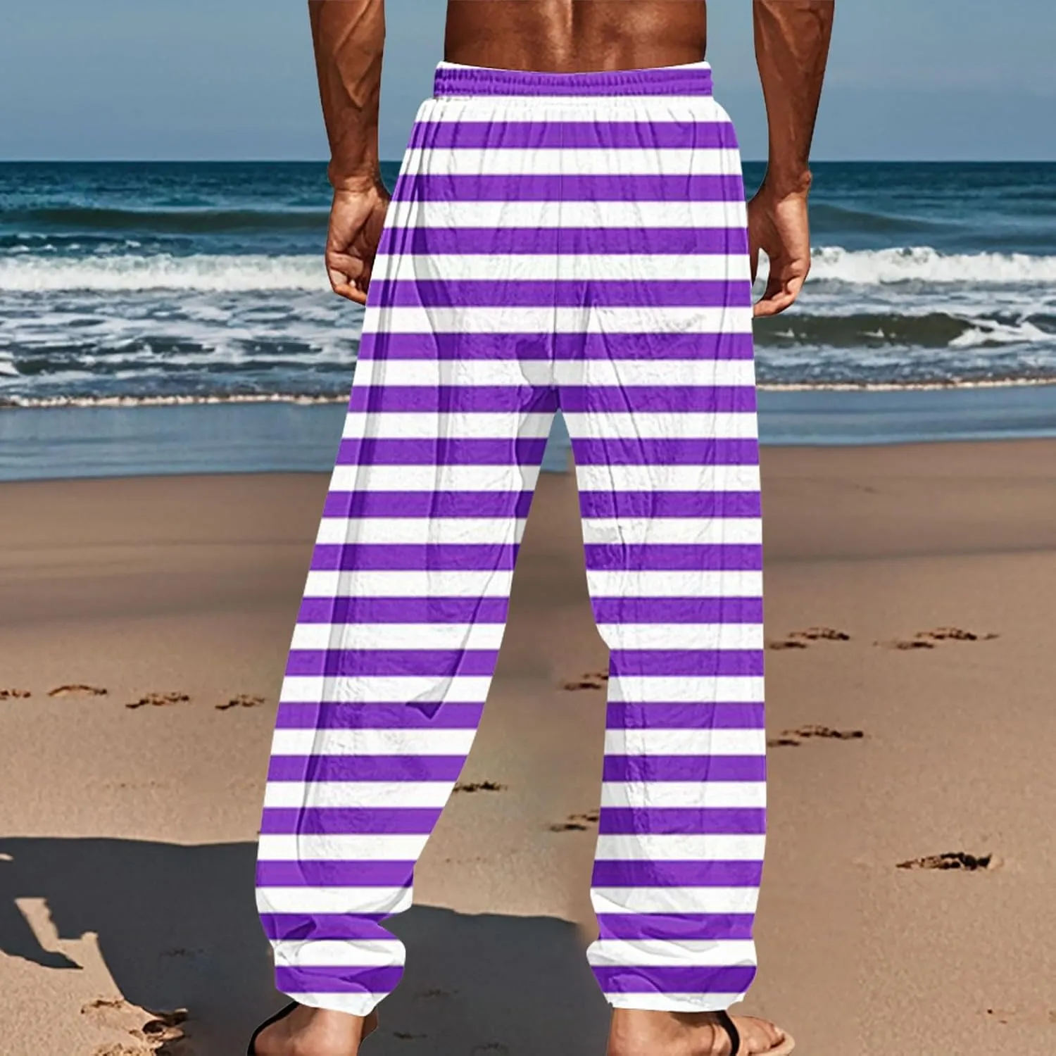 Pants for Men Casual Linen Stripe Camo Drawstring Wide Leg Trousers Loose Fit Breathable Hawaii Beach Vacation Pants
