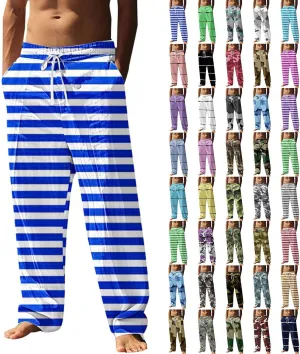 Pants for Men Casual Linen Stripe Camo Drawstring Wide Leg Trousers Loose Fit Breathable Hawaii Beach Vacation Pants