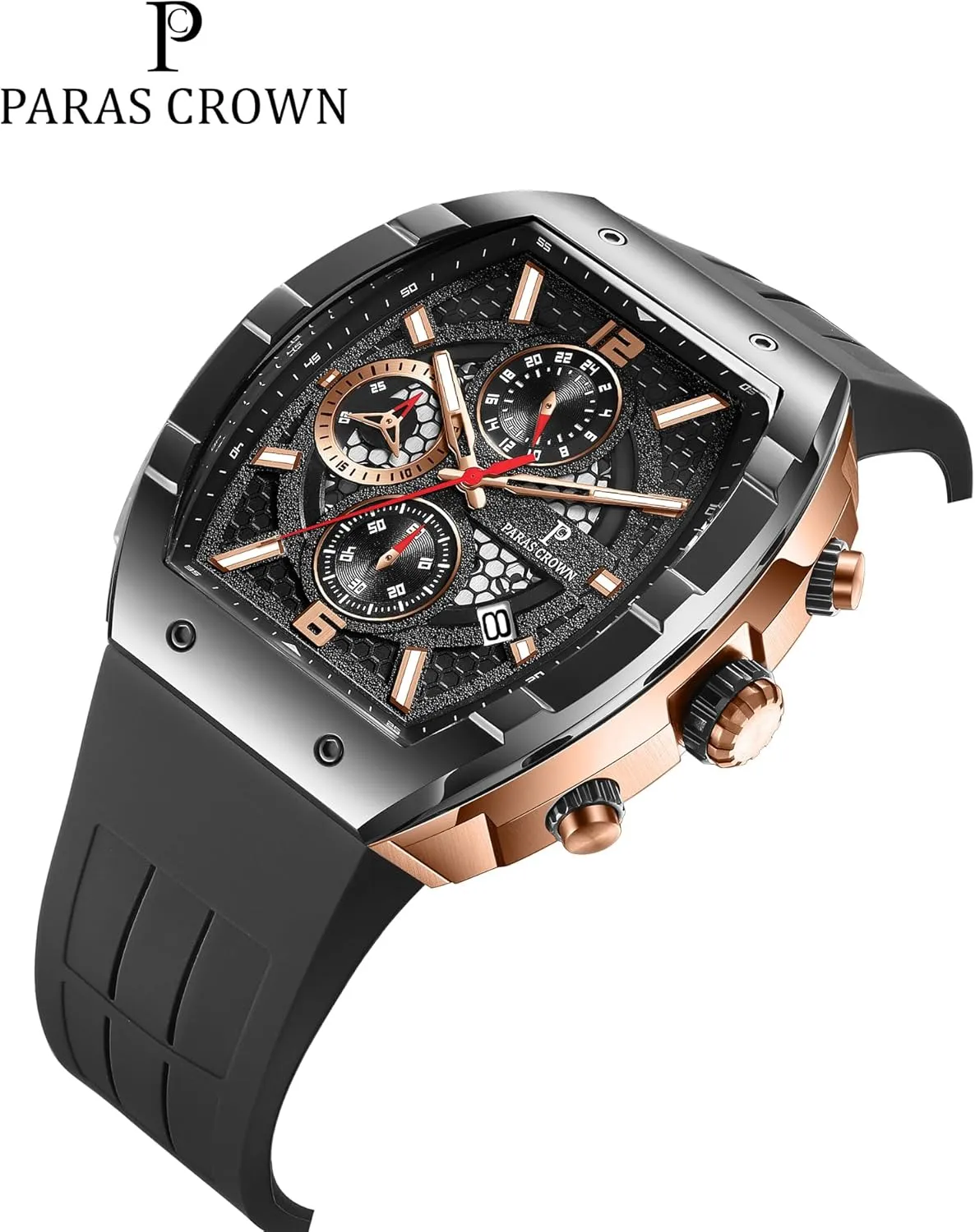 Paras Crown Watches for Men Luxury Fashion Analog 50M Waterproof Sports Watch with Tonneau Dial Luminous Quartz Business Wrist Watch