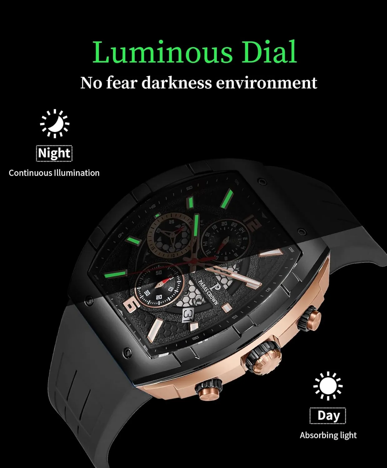 Paras Crown Watches for Men Luxury Fashion Analog 50M Waterproof Sports Watch with Tonneau Dial Luminous Quartz Business Wrist Watch