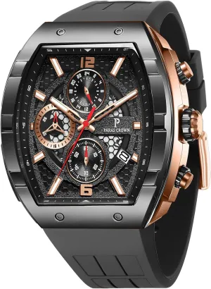 Paras Crown Watches for Men Luxury Fashion Analog 50M Waterproof Sports Watch with Tonneau Dial Luminous Quartz Business Wrist Watch