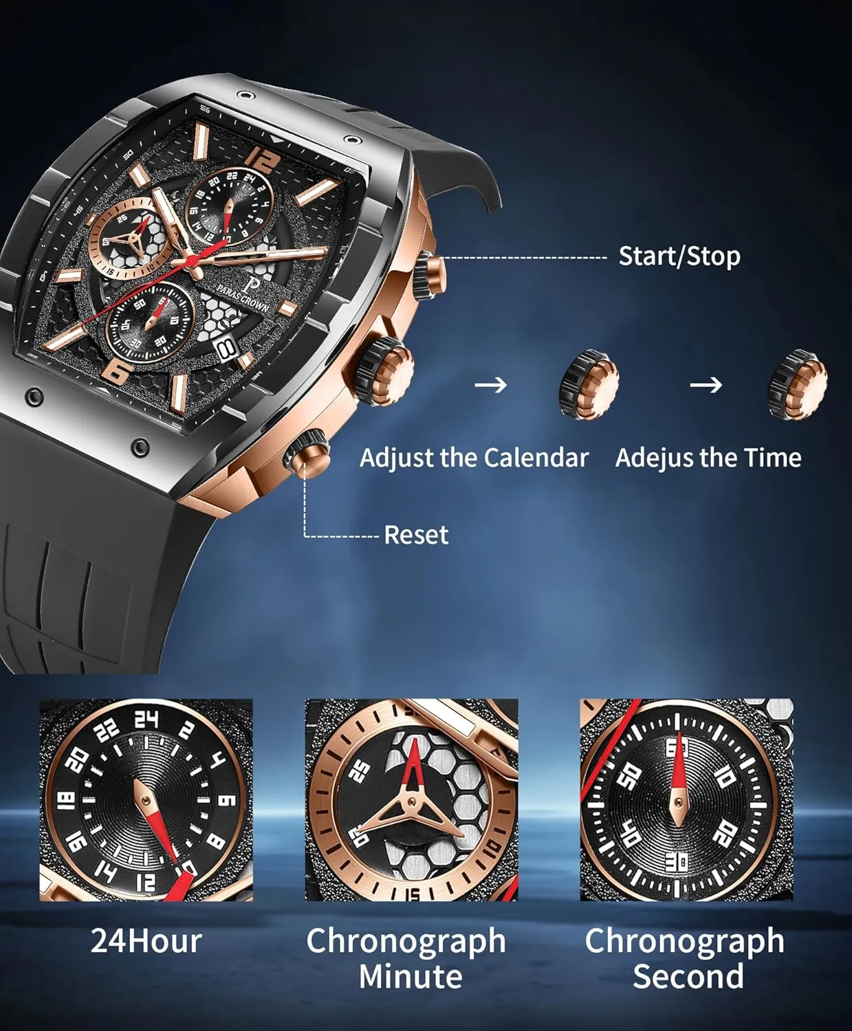 Paras Crown Watches for Men Luxury Fashion Analog 50M Waterproof Sports Watch with Tonneau Dial Luminous Quartz Business Wrist Watch