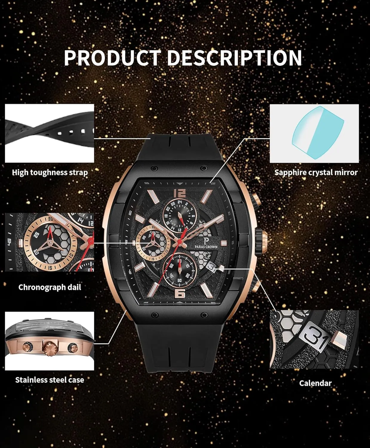 Paras Crown Watches for Men Luxury Fashion Analog 50M Waterproof Sports Watch with Tonneau Dial Luminous Quartz Business Wrist Watch
