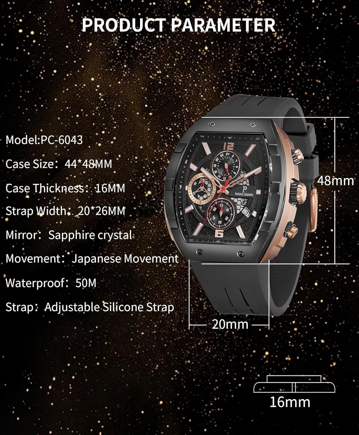 Paras Crown Watches for Men Luxury Fashion Analog 50M Waterproof Sports Watch with Tonneau Dial Luminous Quartz Business Wrist Watch
