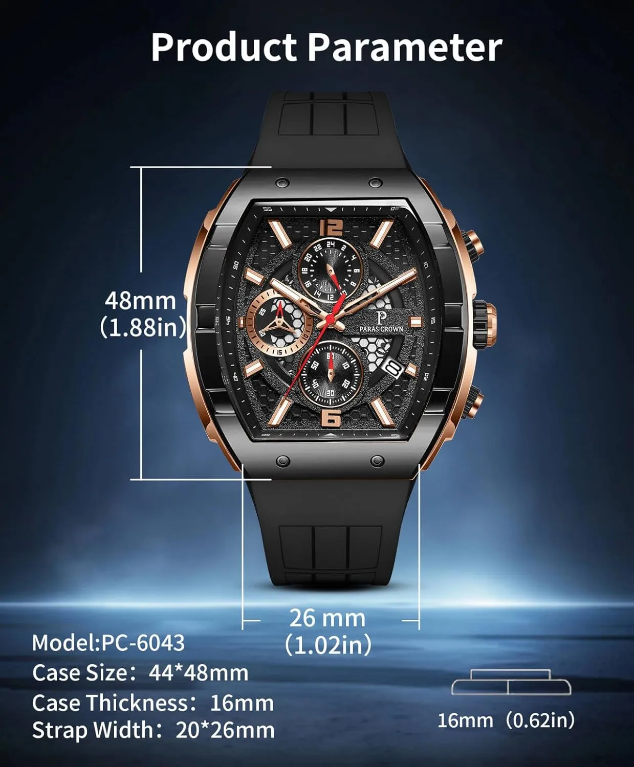 Paras Crown Watches for Men Luxury Fashion Analog 50M Waterproof Sports Watch with Tonneau Dial Luminous Quartz Business Wrist Watch