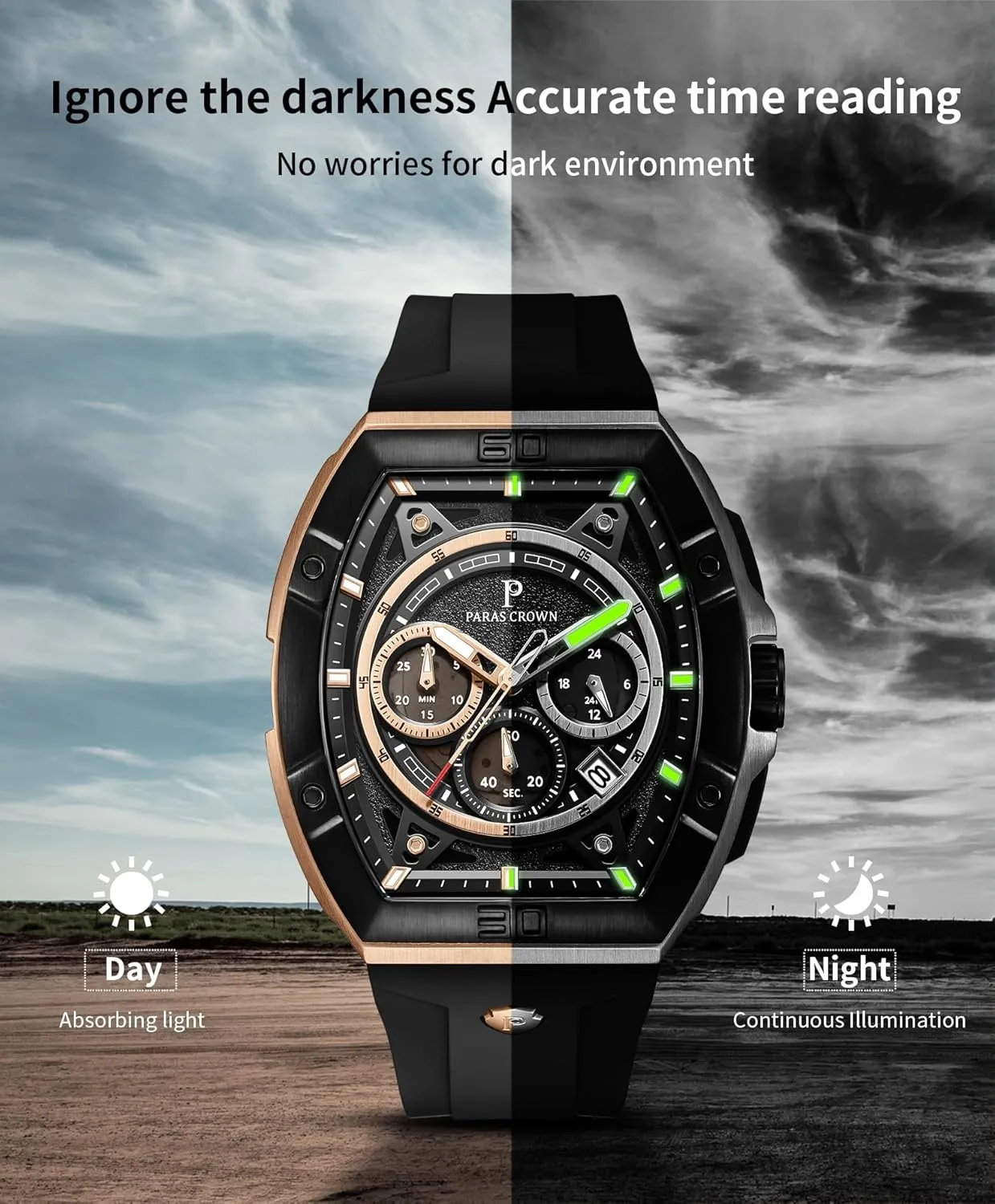 Paras Crown Watches for Men Tonneau 5ATM Waterproof Quartz Luxury Chronograph Analog Men's Wrist Watches Stainless Steel Case Mens Watches