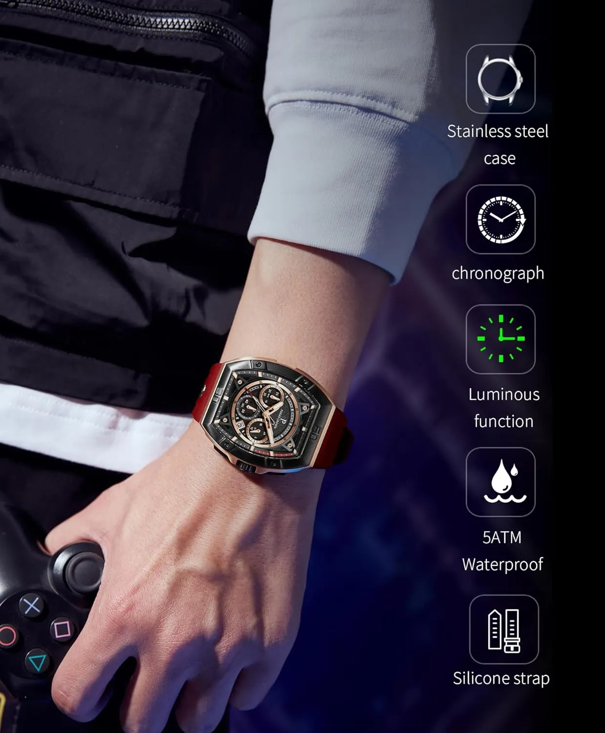 Paras Crown Watches for Men Tonneau 5ATM Waterproof Quartz Luxury Chronograph Analog Men's Wrist Watches Stainless Steel Case Mens Watches