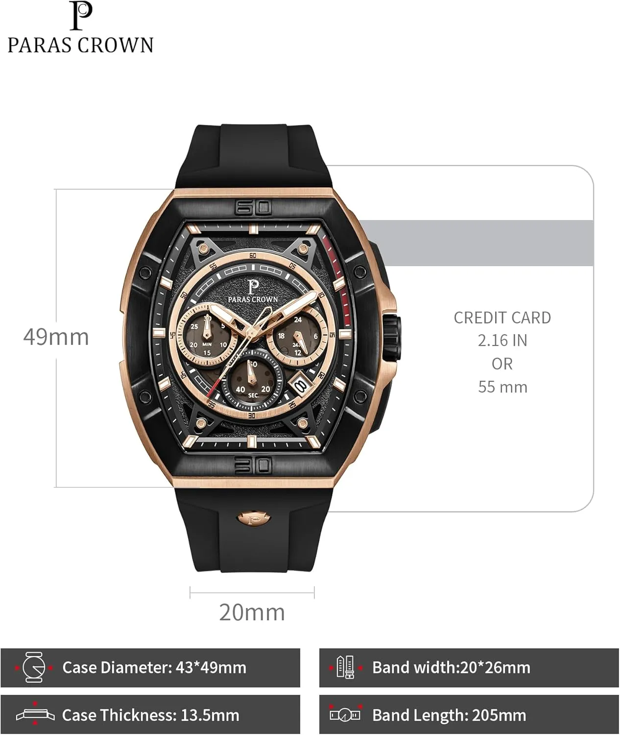 Paras Crown Watches for Men Tonneau 5ATM Waterproof Quartz Luxury Chronograph Analog Men's Wrist Watches Stainless Steel Case Mens Watches