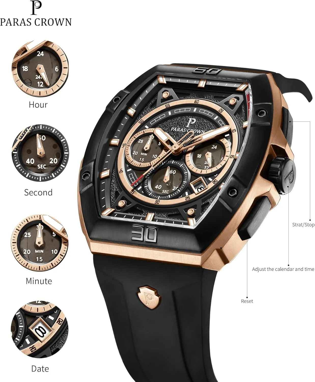 Paras Crown Watches for Men Tonneau 5ATM Waterproof Quartz Luxury Chronograph Analog Men's Wrist Watches Stainless Steel Case Mens Watches
