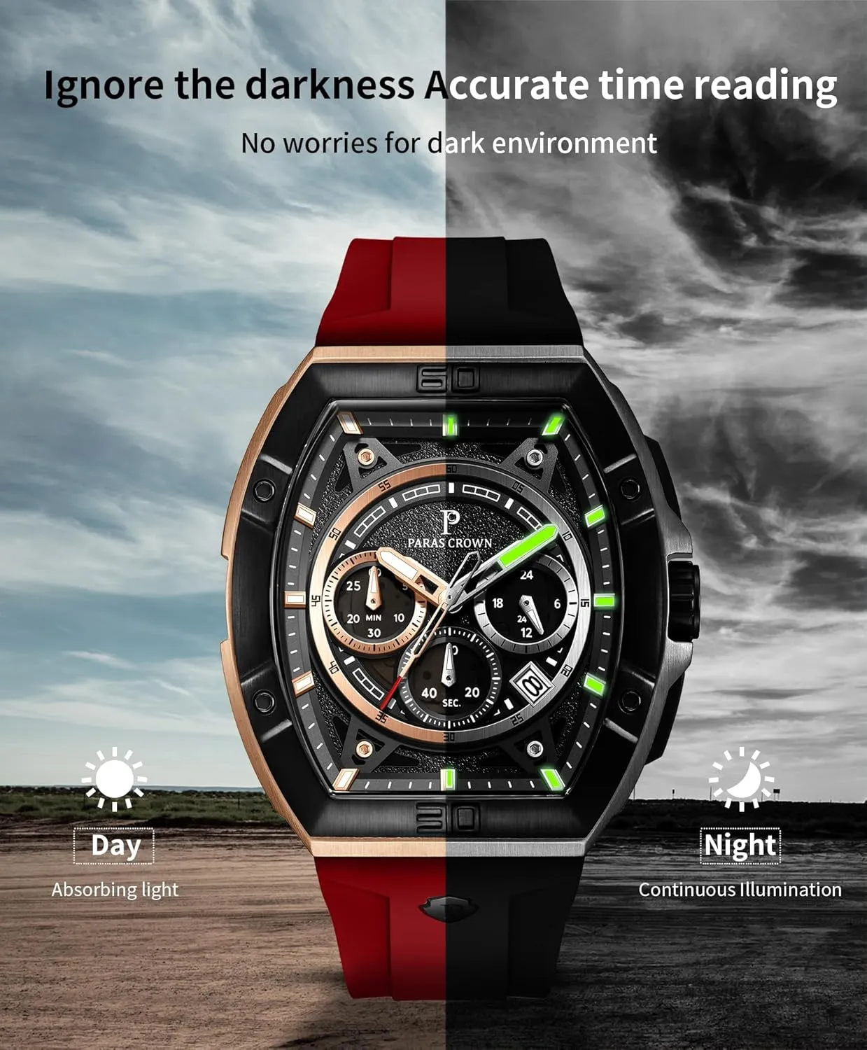 Paras Crown Watches for Men Tonneau 5ATM Waterproof Quartz Luxury Chronograph Analog Men's Wrist Watches Stainless Steel Case Mens Watches
