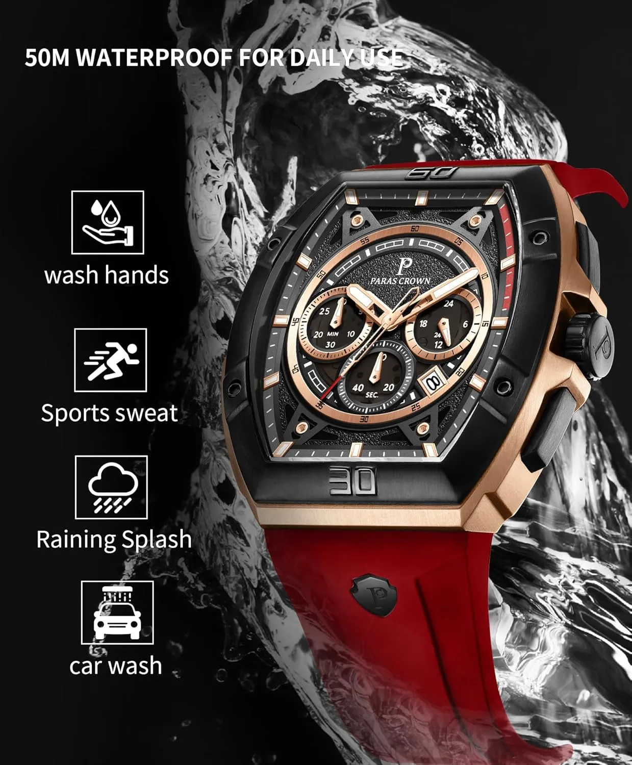 Paras Crown Watches for Men Tonneau 5ATM Waterproof Quartz Luxury Chronograph Analog Men's Wrist Watches Stainless Steel Case Mens Watches
