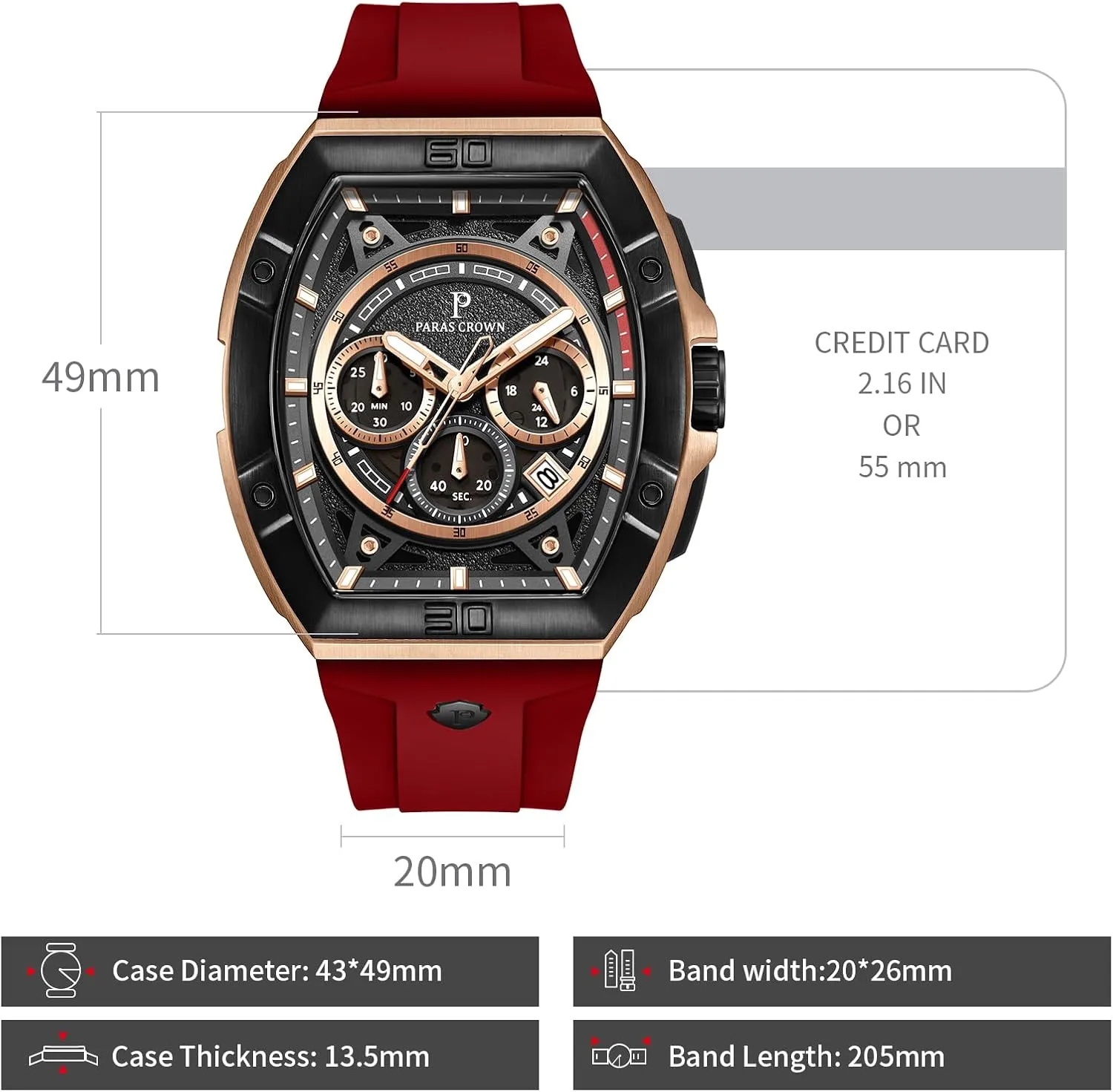 Paras Crown Watches for Men Tonneau 5ATM Waterproof Quartz Luxury Chronograph Analog Men's Wrist Watches Stainless Steel Case Mens Watches