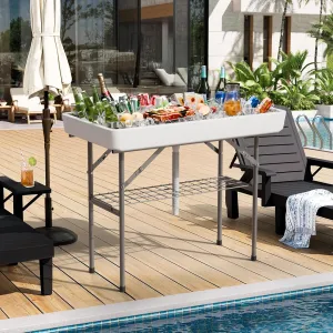 Party Ice Cooler Folding Table (Come with 5L Bucket), Portable Ice Table Matching Skirt, Portable Camping Table for Party, BBQ, Picnic