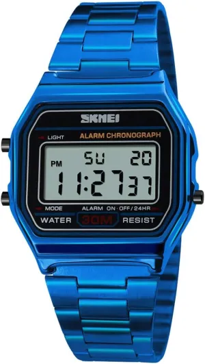 PASOY Men's Digital Gold Stainless Steel Watch Backlit Multifunction Stopwatch Waterproof Sport Watches