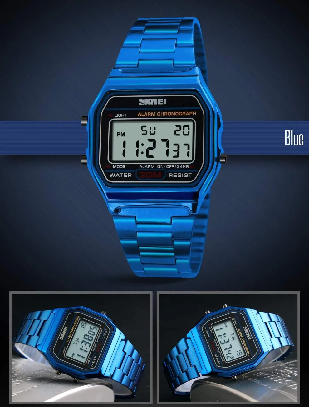 PASOY Men's Digital Gold Stainless Steel Watch Backlit Multifunction Stopwatch Waterproof Sport Watches
