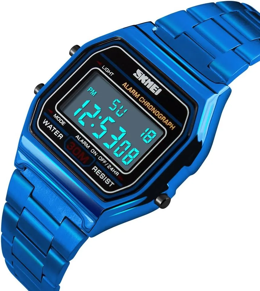 PASOY Men's Digital Gold Stainless Steel Watch Backlit Multifunction Stopwatch Waterproof Sport Watches