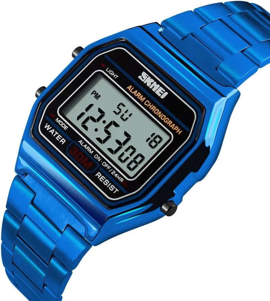 PASOY Men's Digital Gold Stainless Steel Watch Backlit Multifunction Stopwatch Waterproof Sport Watches