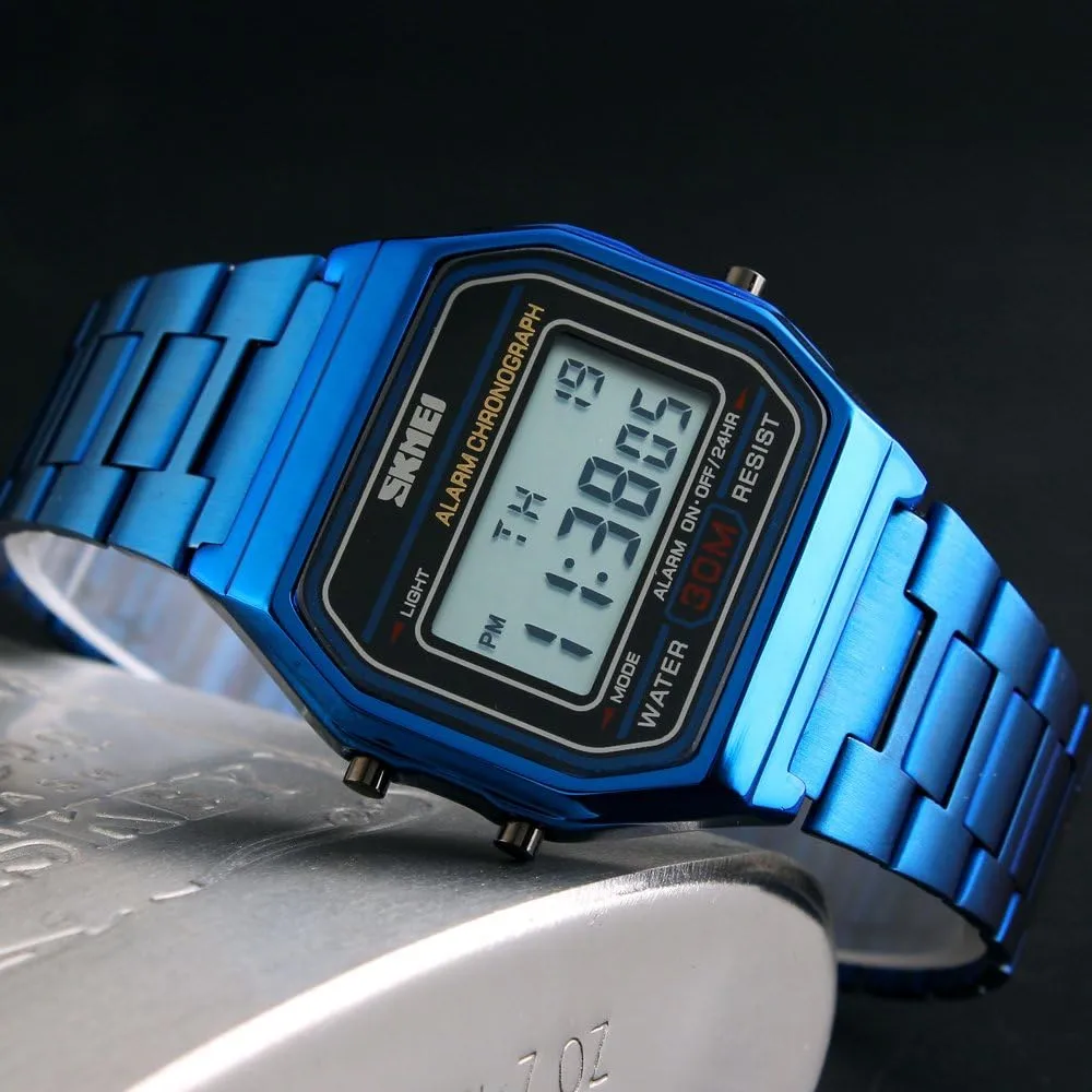 PASOY Men's Digital Gold Stainless Steel Watch Backlit Multifunction Stopwatch Waterproof Sport Watches