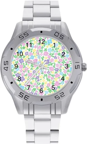 Pastel Floral Pattern Flowers Prints Simple Stainless Steel Band Business Watch Dress Wrist Unique Luxury Work Casual Waterproof Watches