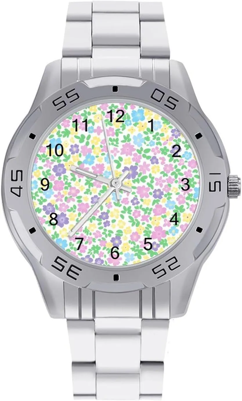 Pastel Floral Pattern Flowers Prints Simple Stainless Steel Band Business Watch Dress Wrist Unique Luxury Work Casual Waterproof Watches