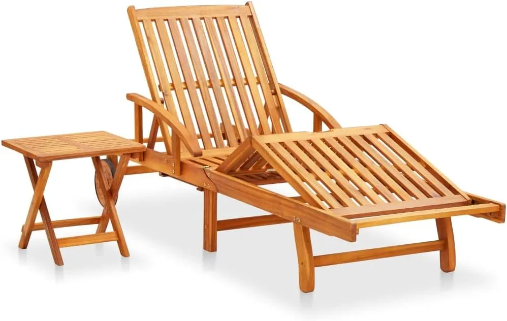 Patio Sun Lounger with Table and Cushion Solid Wood Acaciapatio Recliner Camping Chairs Tanning chairSuitable for Garden Courtyard