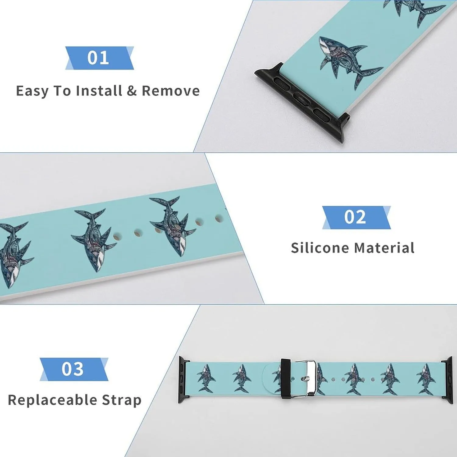 Pattern Shark Sport Silicone Watch Band Compatible with Iwatch Quick Release Replacement Strap