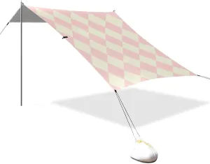 Peach Beige Checker Designed UPF50 Foldable Beach Canopy Lightweight Sun Shelter with Sand Pockets for Camping, Picnics, Backyard & Fishing Parasol Beach