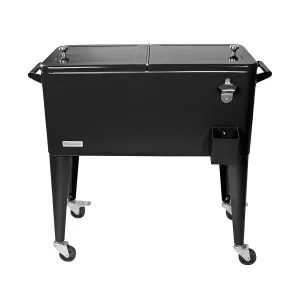 Pearington 80 Quart Rolling Ice Chest, Portable Patio Party Bar Drink Cooler Cart, with Shelf, Beverage Pool with Bottle Opener, Black