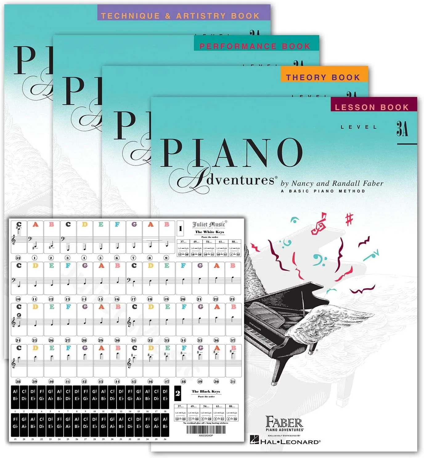 Piano Adventures Level 3A Learning Library Set By Nancy Faber - Lesson, Theory, Performance, Technique & Artistry Books & Juliet Music Piano Keys 88/61/54/49 Full Set Removable Sticker