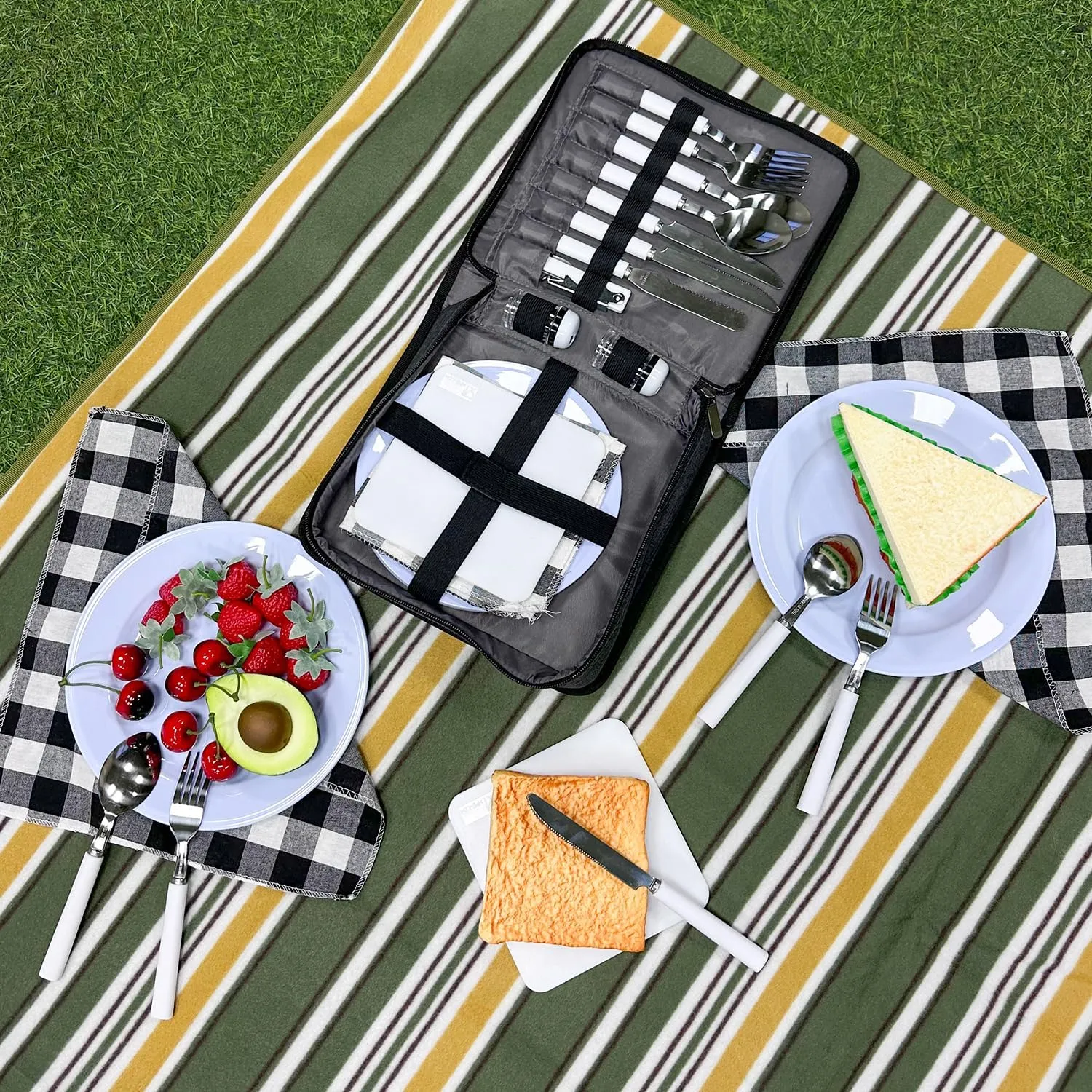 Picnic Set for 2 - Includes 16 Pcs, Portable Travel Utensils with Case, Reusable Camping Cutlery Plates, Stainless Steel of Spoons and Forks, for Hiking, Camp, BBQ, Gift