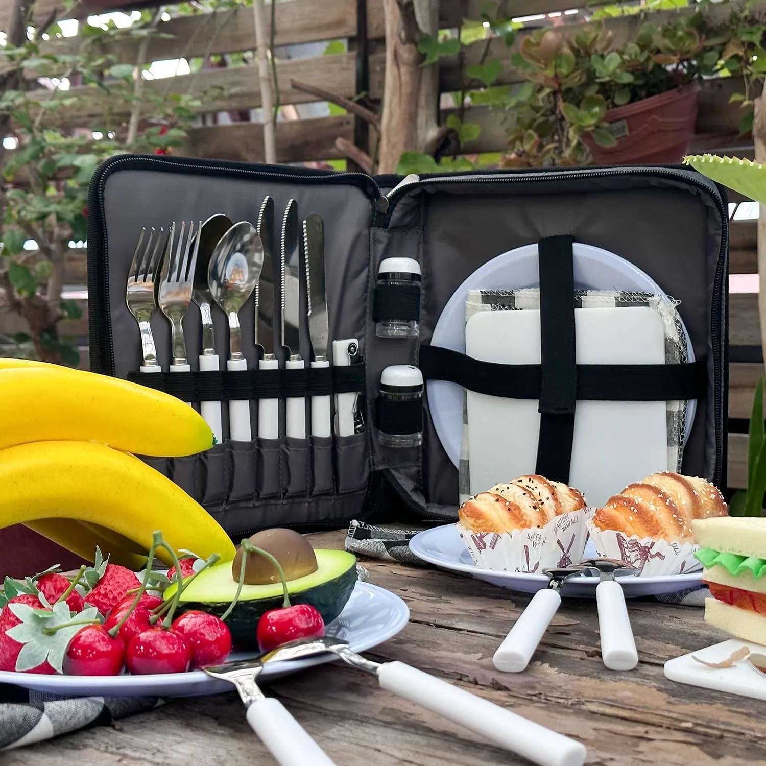 Picnic Set for 2 - Includes 16 Pcs, Portable Travel Utensils with Case, Reusable Camping Cutlery Plates, Stainless Steel of Spoons and Forks, for Hiking, Camp, BBQ, Gift