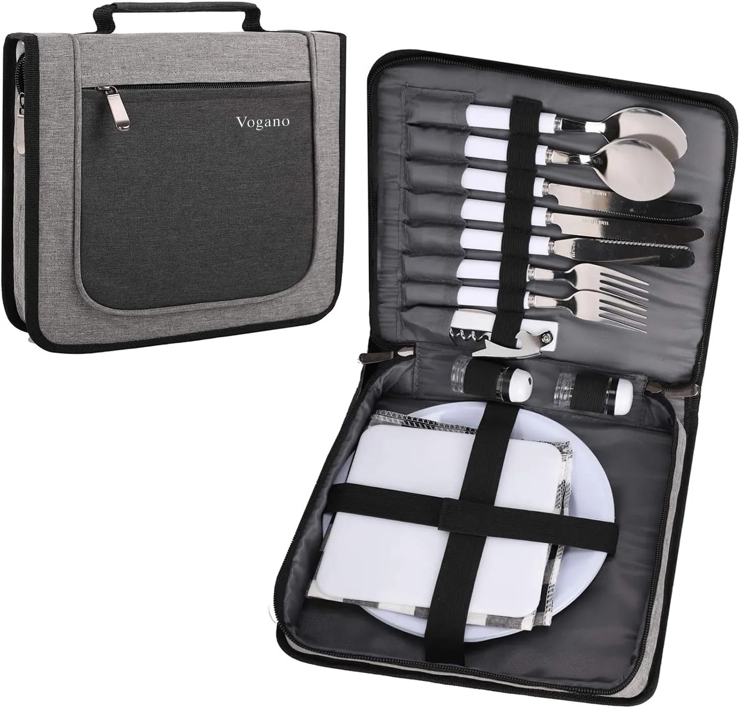 Picnic Set for 2 - Includes 16 Pcs, Portable Travel Utensils with Case, Reusable Camping Cutlery Plates, Stainless Steel of Spoons and Forks, for Hiking, Camp, BBQ, Gift