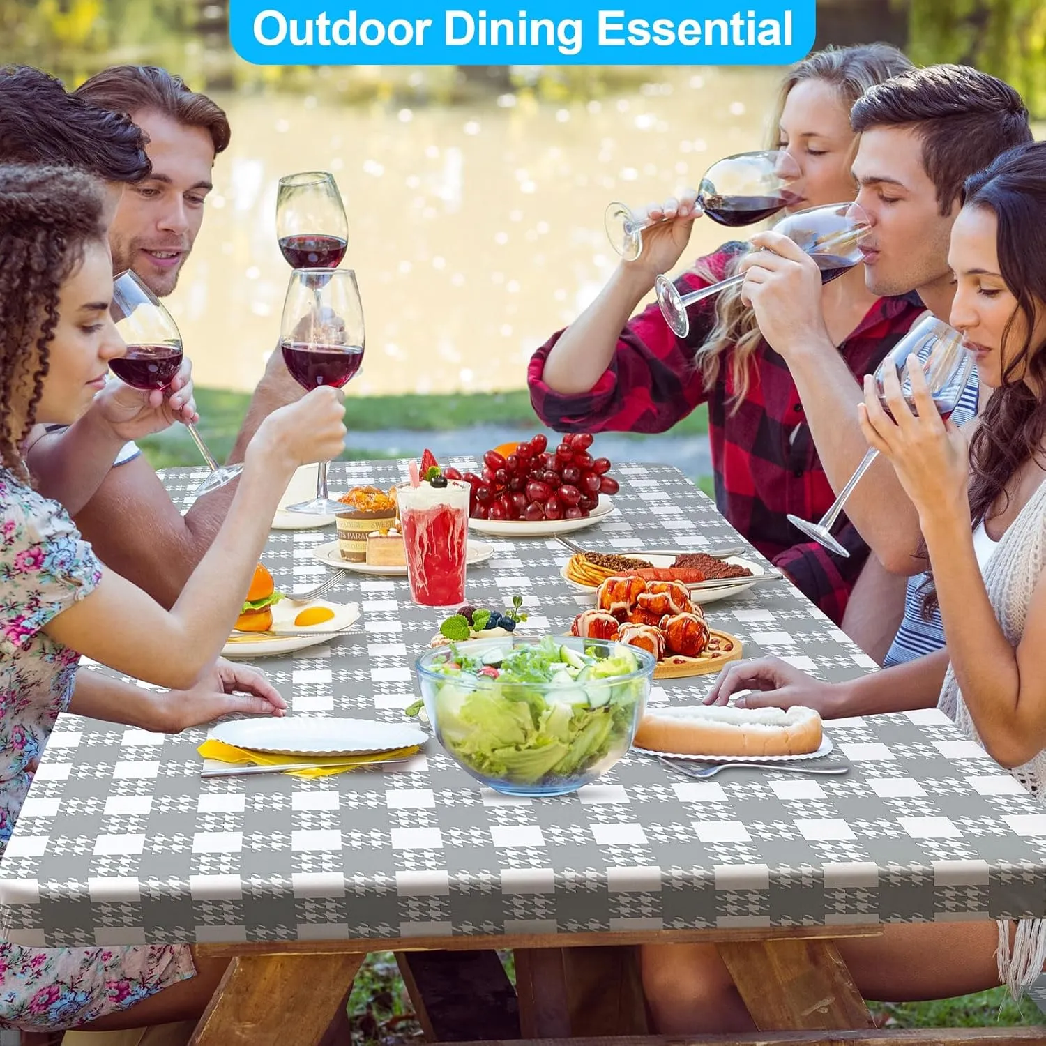 Picnic Table Cover with Bench Covers Portable Table Cloth Built-in Storage Pocket Picnic Table Covers with Elastic Waterproof Camping Essentials for RV Camping