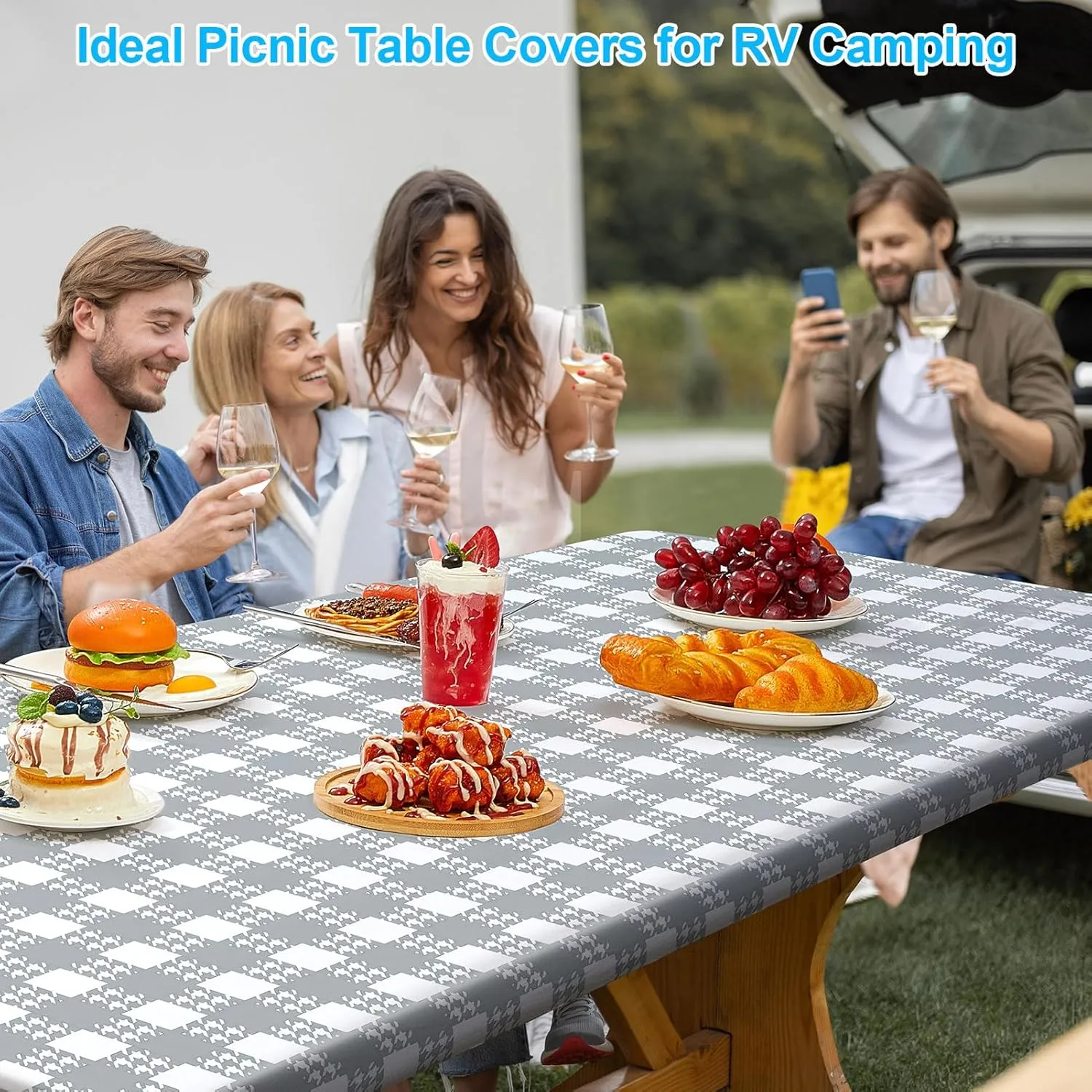 Picnic Table Cover with Bench Covers Portable Table Cloth Built-in Storage Pocket Picnic Table Covers with Elastic Waterproof Camping Essentials for RV Camping