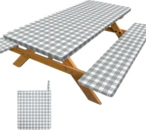 Picnic Table Cover with Bench Covers Portable Table Cloth Built-in Storage Pocket Picnic Table Covers with Elastic Waterproof Camping Essentials for RV Camping