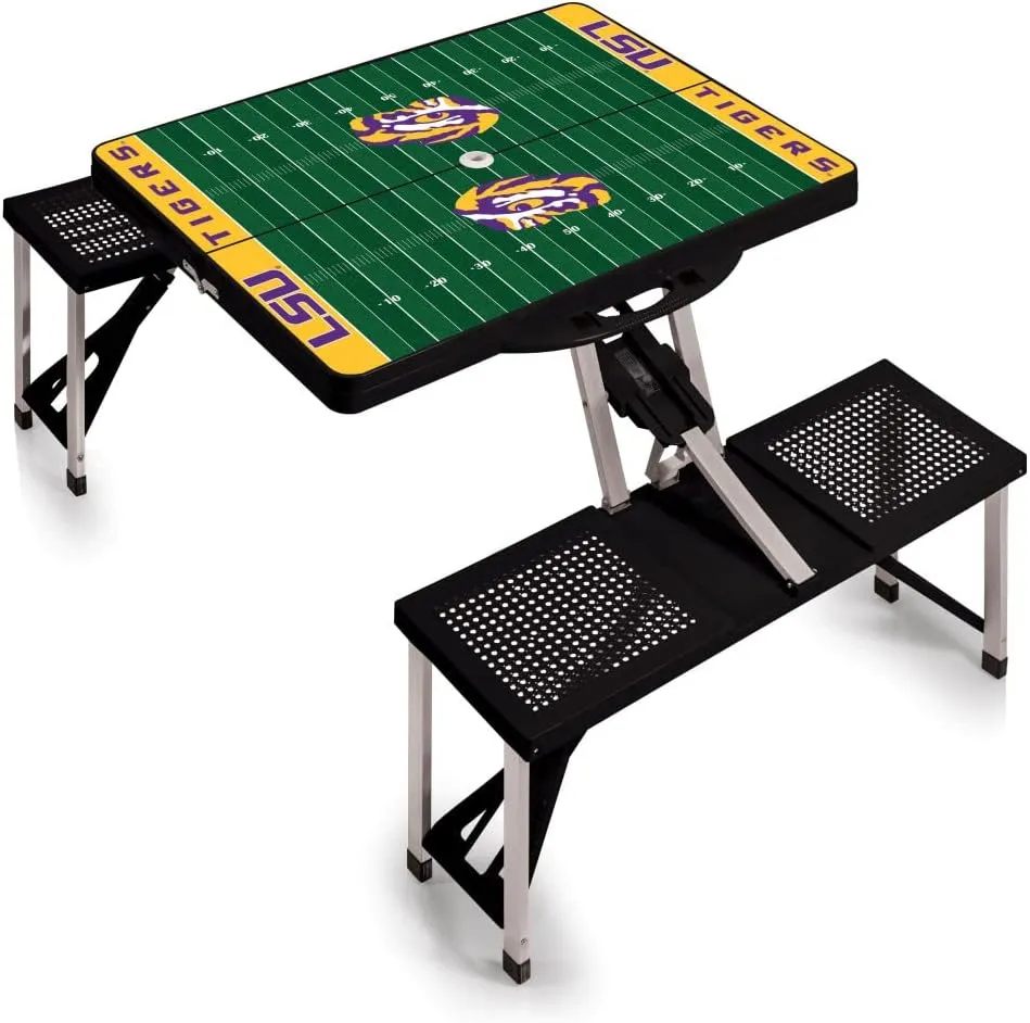 PICNIC TIME NCAA LSU Tigers Football Field Folding Picnic Table - Camping Table - Outdoor Table with Umbrella Hole, (Black)