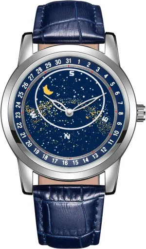 PINTIME Mens Fashion Leather Watch Luxury Dress Starry Sky Luminous Waterproof Quartz Analog Wristwatch for Men