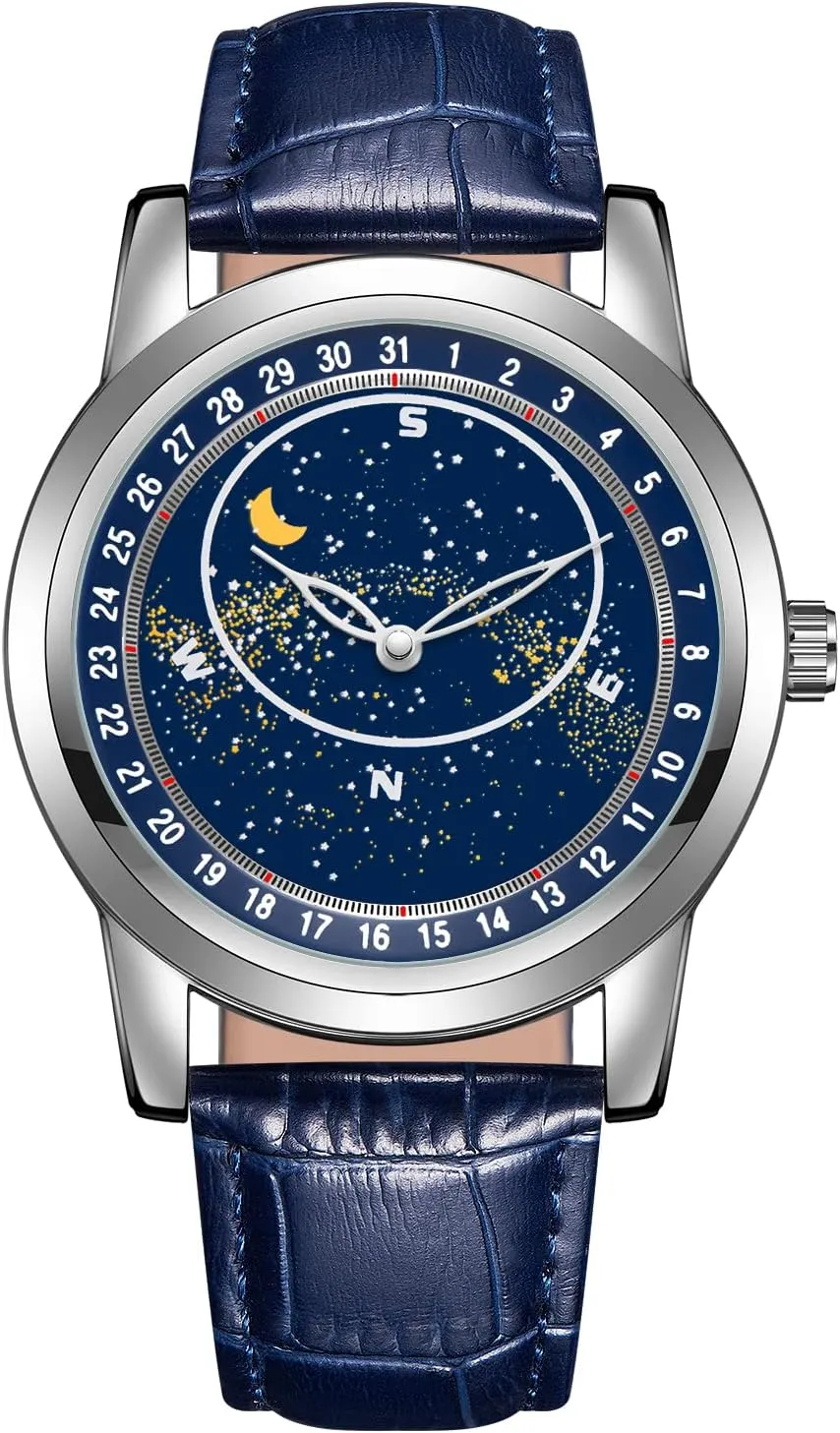PINTIME Mens Fashion Leather Watch Luxury Dress Starry Sky Luminous Waterproof Quartz Analog Wristwatch for Men