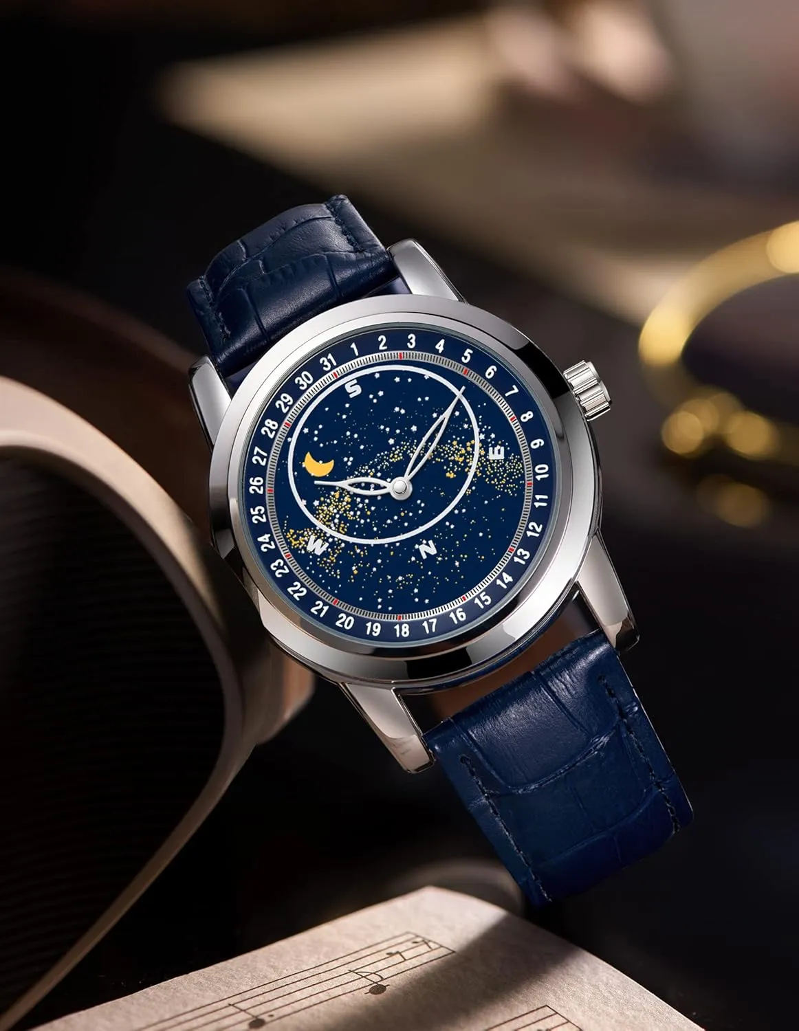 PINTIME Mens Fashion Leather Watch Luxury Dress Starry Sky Luminous Waterproof Quartz Analog Wristwatch for Men