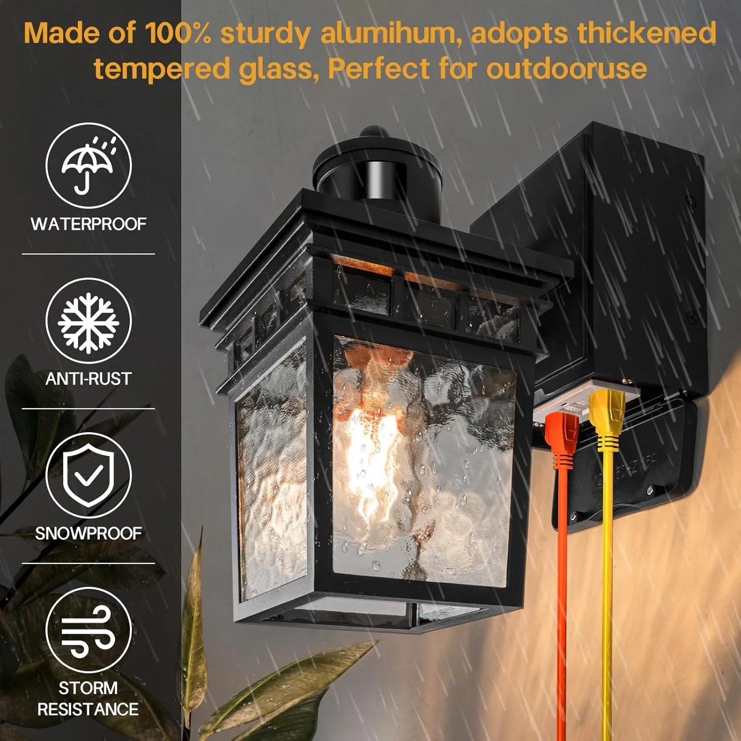Porch Light Outdoor with GFCI Outlet - 3 Lighting Modes Exterior Light Fixture, Dusk to Dawn Motion Sensor Wall Mount Outside Lights for House,Garage,Front Door, Patio