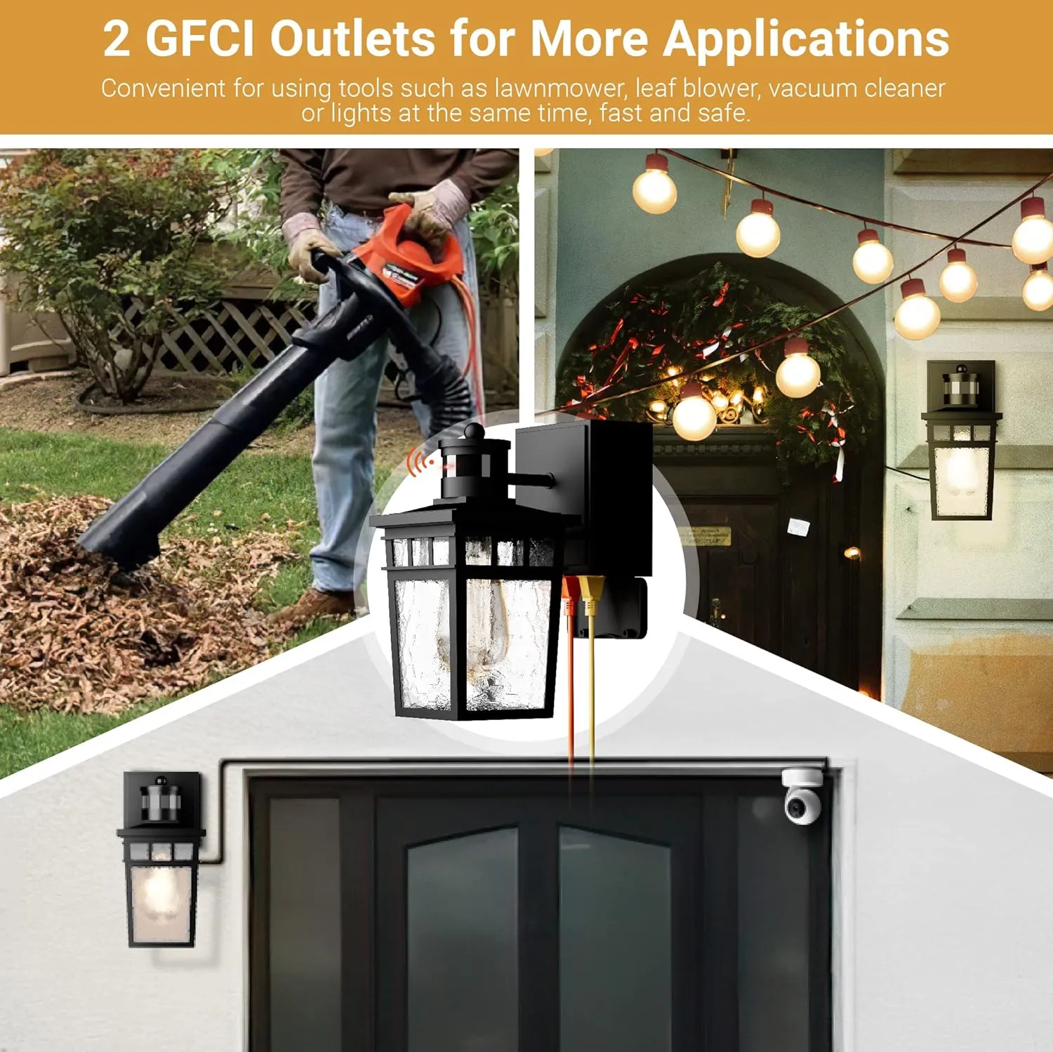 Porch Light Outdoor with GFCI Outlet - 3 Lighting Modes Exterior Light Fixture, Dusk to Dawn Motion Sensor Wall Mount Outside Lights for House,Garage,Front Door, Patio