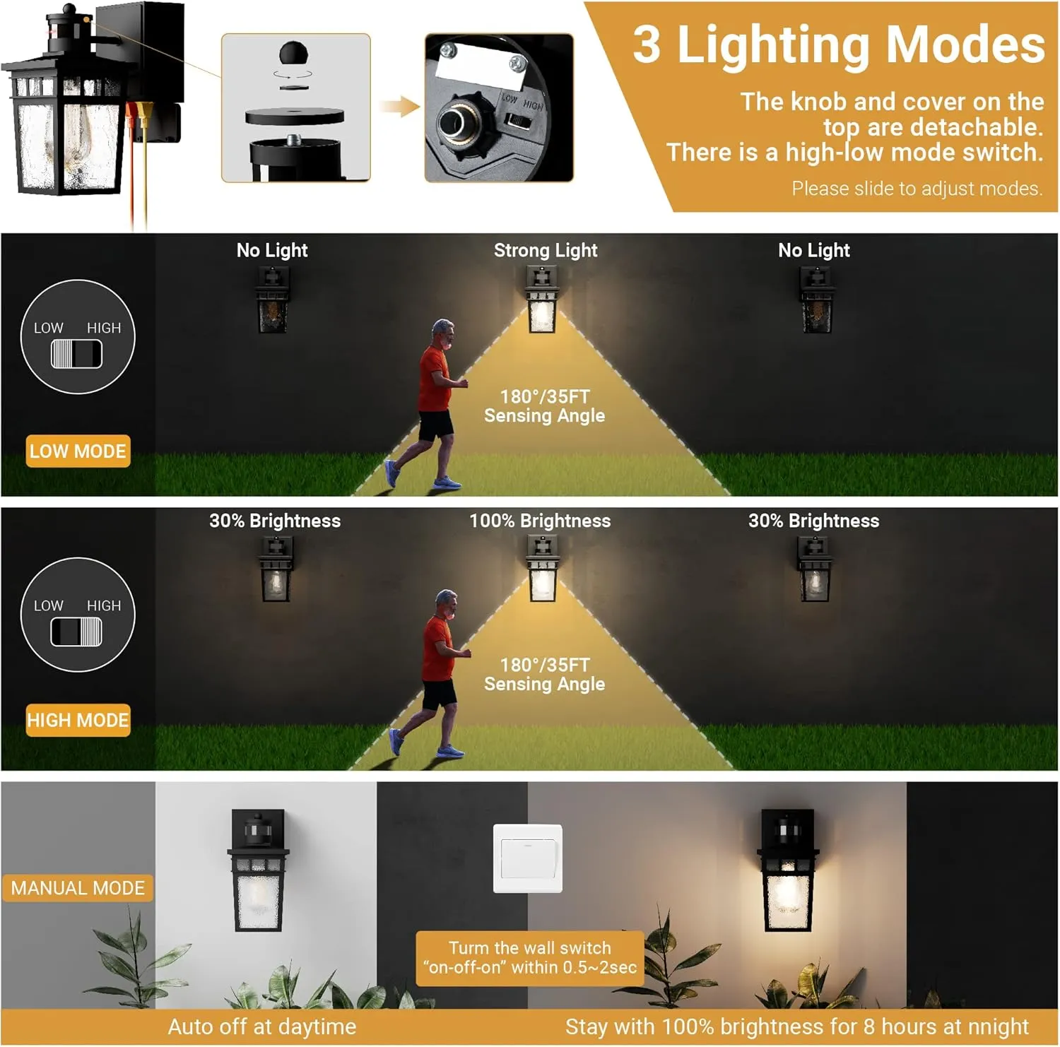 Porch Light Outdoor with GFCI Outlet - 3 Lighting Modes Exterior Light Fixture, Dusk to Dawn Motion Sensor Wall Mount Outside Lights for House,Garage,Front Door, Patio