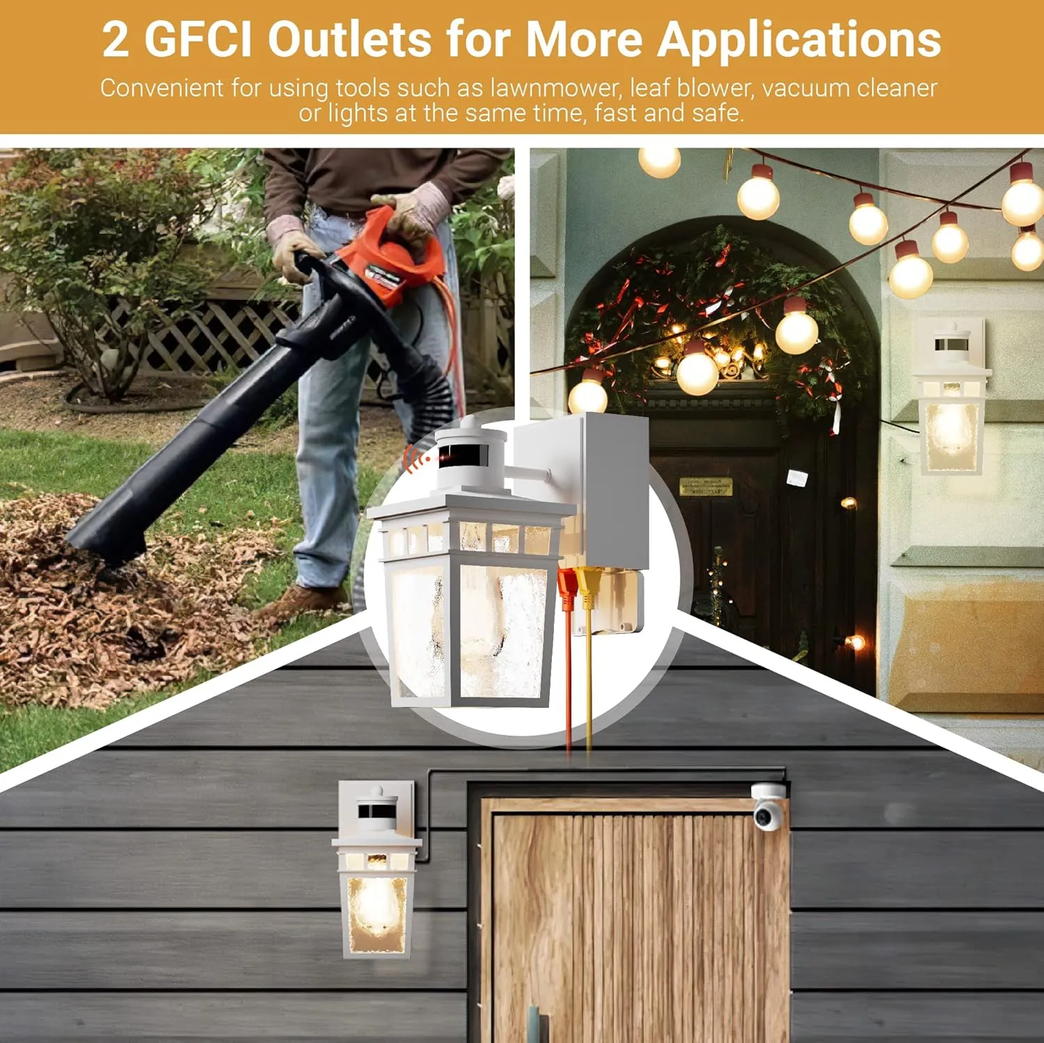 Porch Light Outdoor with GFCI Outlet - 3 Lighting Modes Exterior Light Fixture, Dusk to Dawn Motion Sensor Wall Mount Outside Lights for House,Garage,Front Door, Patio