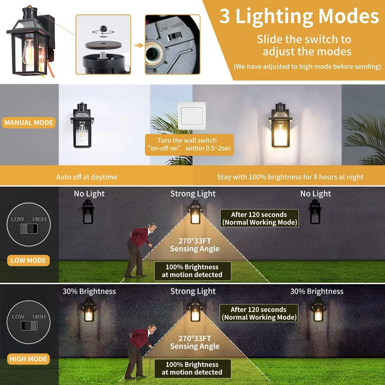 Porch Lights with GFCI Outlet, Dusk to Dawn Motion Sensor Outdoor Light, 3 Lighting Modes Exterior Fixture, Outside for House Front Door Patio Garage(2 Pack Black)