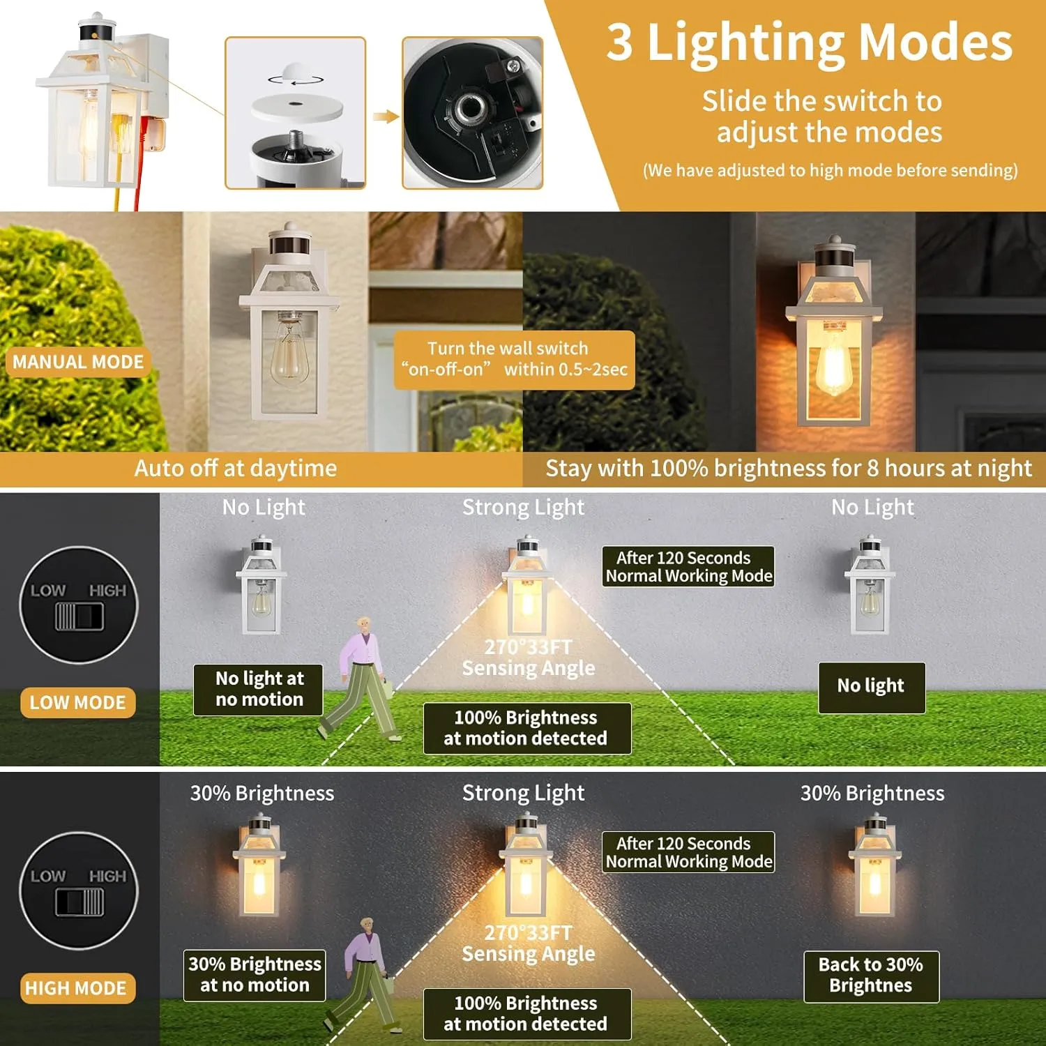 Porch Lights with GFCI Outlet, Dusk to Dawn Motion Sensor Outdoor Light, 3 Lighting Modes Exterior Fixture, Outside for House Front Door Patio Garage(2 Pack White)