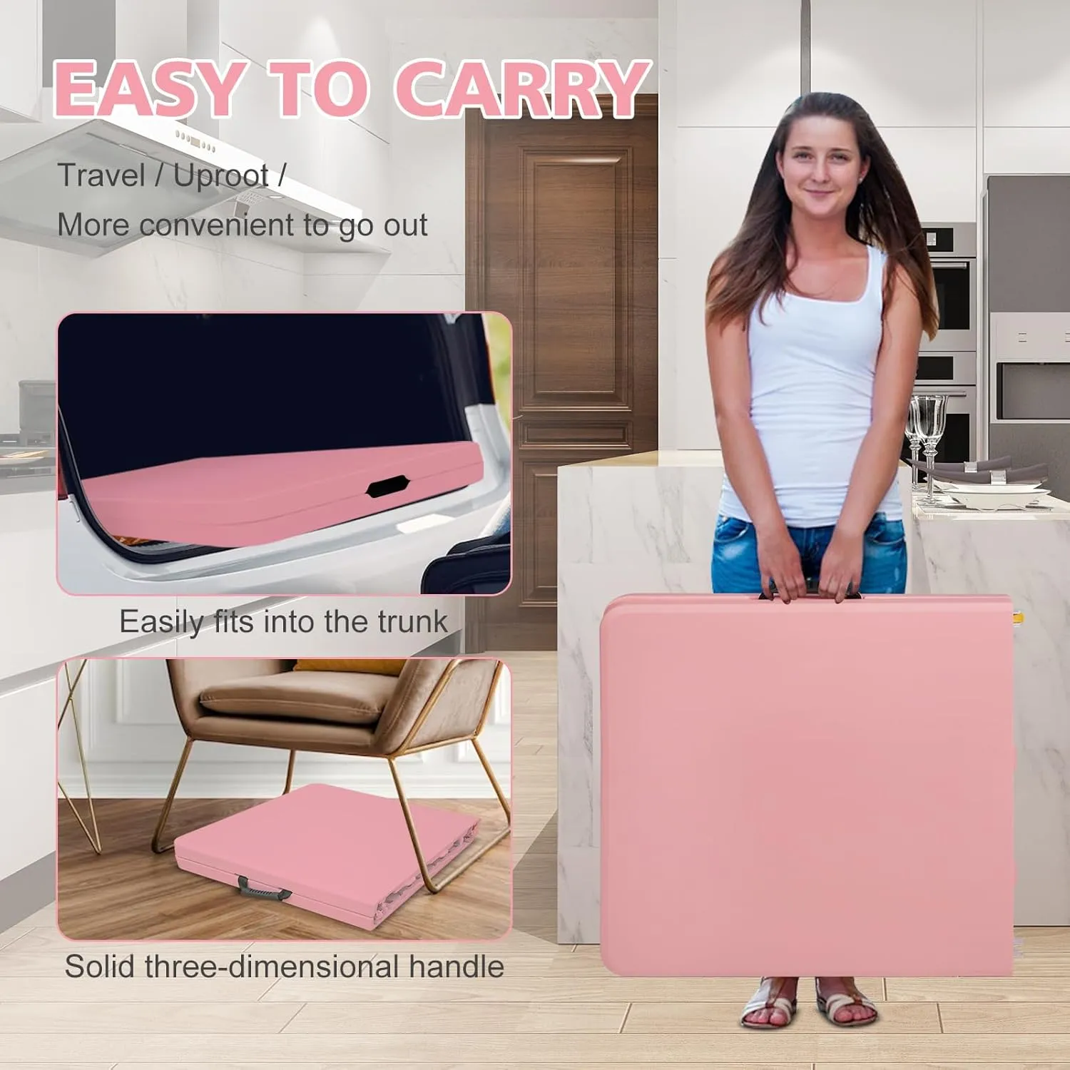 Portable 4Ft Folding Table, Heavy Duty Plastic Fold-in-Half Utility Foldable Table Small, Adjustable Height Plastic Folding Table with Carrying Handle for Camping & Party Indoor/Outdoor (Pink)