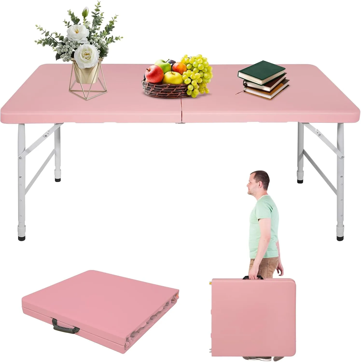 Portable 4Ft Folding Table, Heavy Duty Plastic Fold-in-Half Utility Foldable Table Small, Adjustable Height Plastic Folding Table with Carrying Handle for Camping & Party Indoor/Outdoor (Pink)