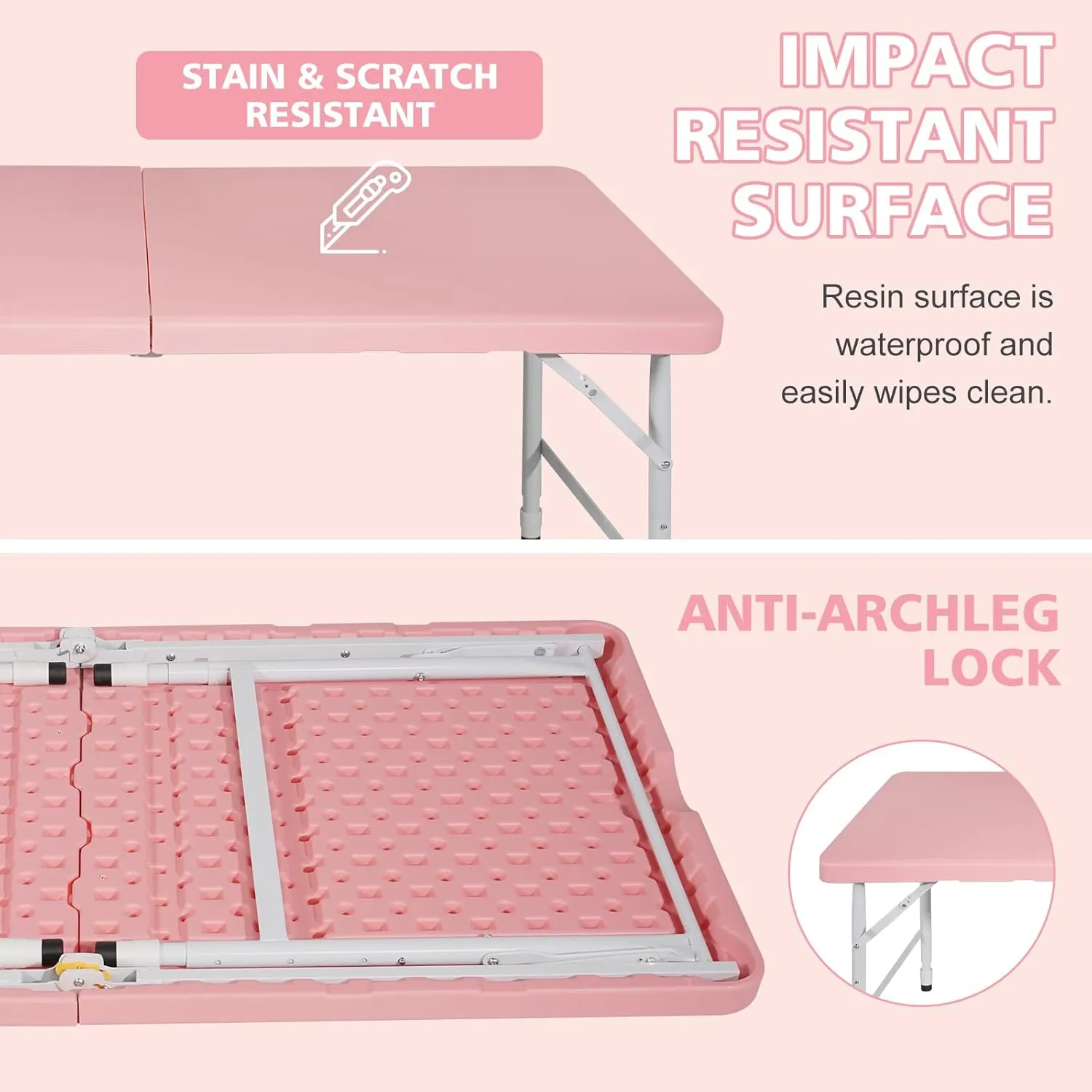Portable 4Ft Folding Table, Heavy Duty Plastic Fold-in-Half Utility Foldable Table Small, Adjustable Height Plastic Folding Table with Carrying Handle for Camping & Party Indoor/Outdoor (Pink)